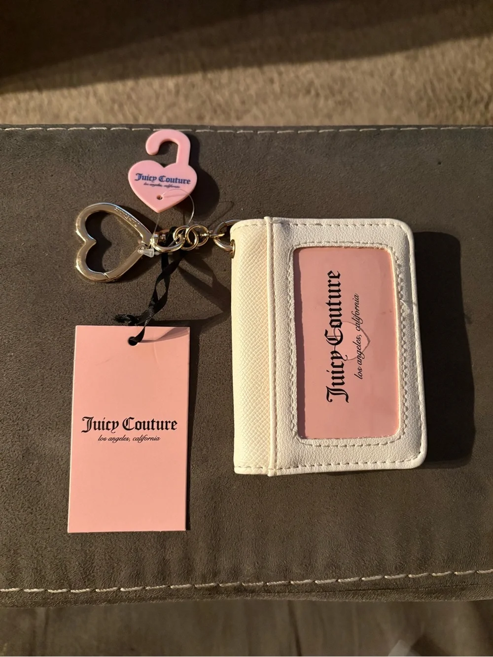 Juicy Couture White Card Case Key Holder with Pink Charm Accents
